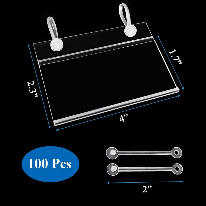 Elsjoy 100 Pack Plastic Wire Shelf Label Holders, 4" x 2.3" Clear Price Tag Holder Sign & Ticket Holder with Double Snap Lock Closure, Reusable Basket Label Holders for Market, Retail Shop, Pantry - Image 2
